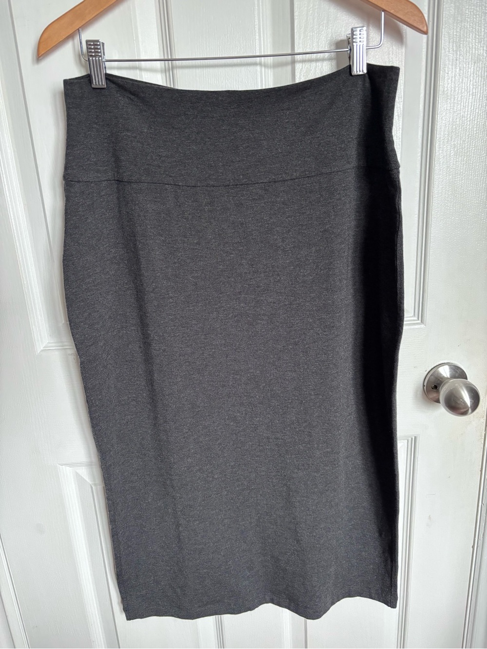 Eileen Fisher Charcoal Grey Heather Wide Waistband Stretch Knit Pencil Skirt EUC